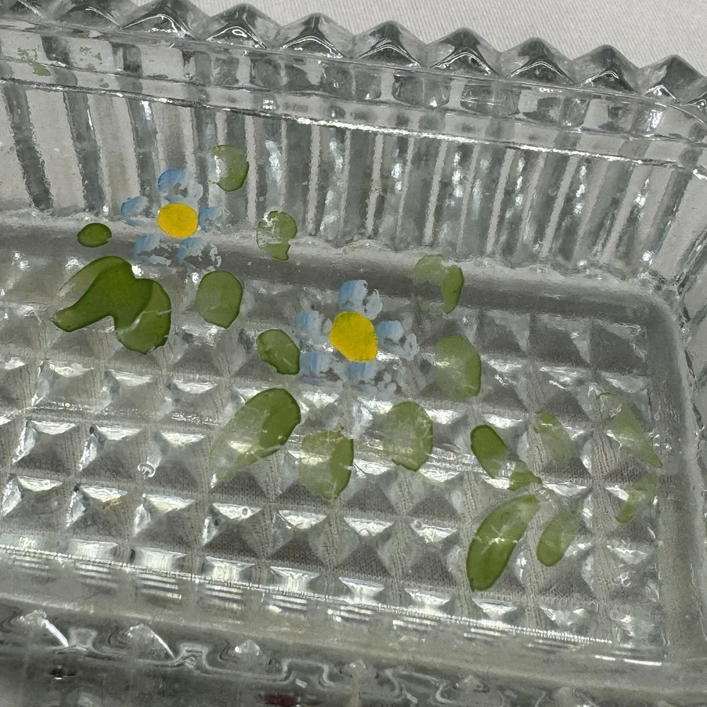 Vintage Depression Glass Trinket Jewelry Box‎ Clear Ribbed Flowers